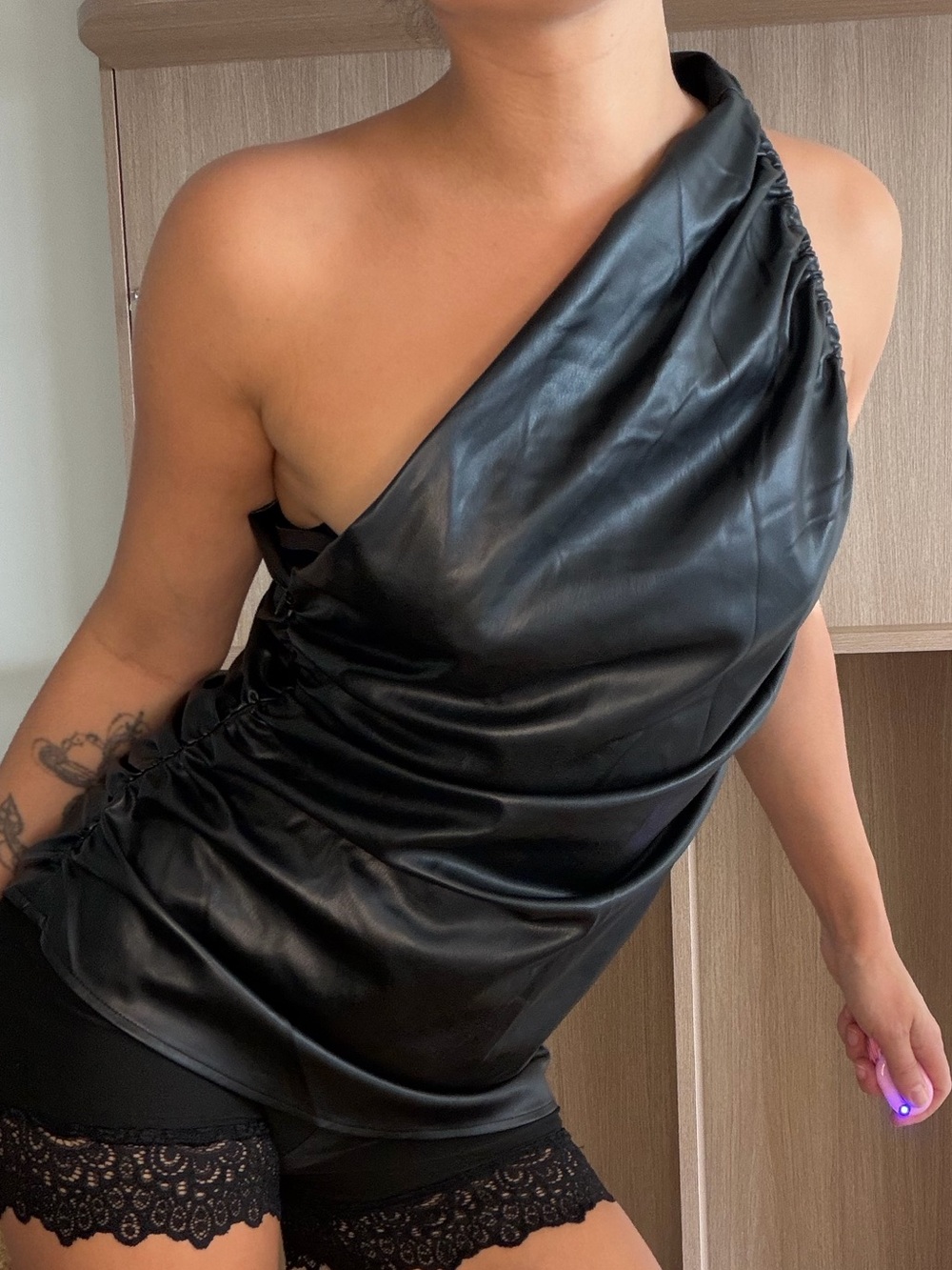 Zara Black One-Shoulder Faux Leather Top